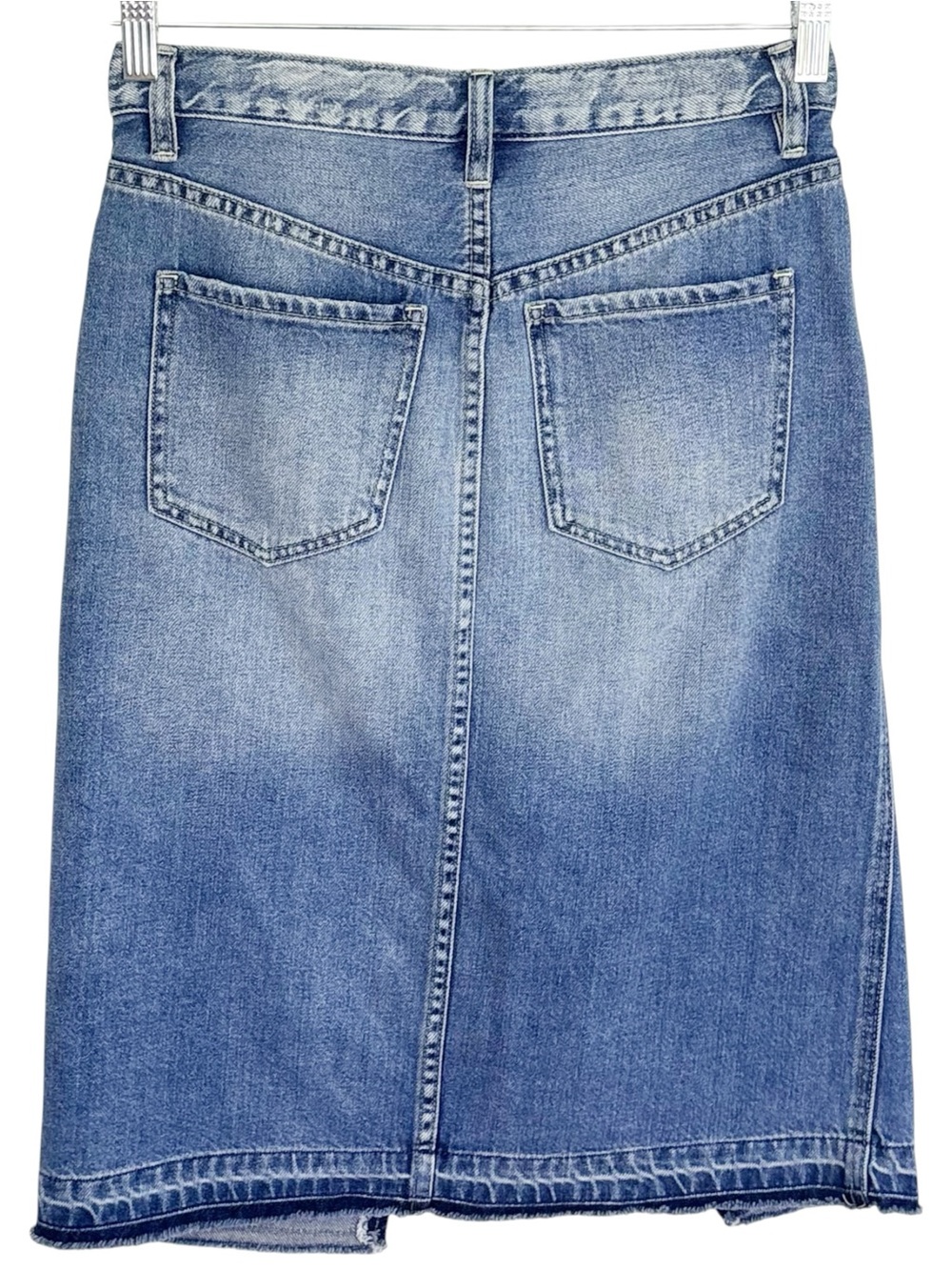 FREE PEOPLE WE THE FREE Denim Pencil Midi Skirt Front Slit Button Fly 26 - Picture 3 of 9